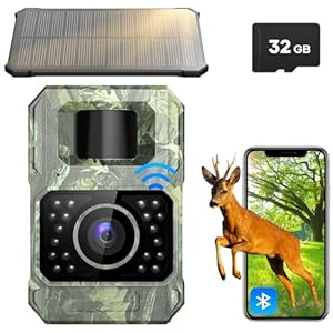 Solar Trail Camera 48MP 30FPS, WiFi Bluetooth Game Camera with Motion Activated 0.2s Trigger, Night Vision Motion Activated IP66 Waterproof for Wildlife Scouting with 32GB Micro SD Card