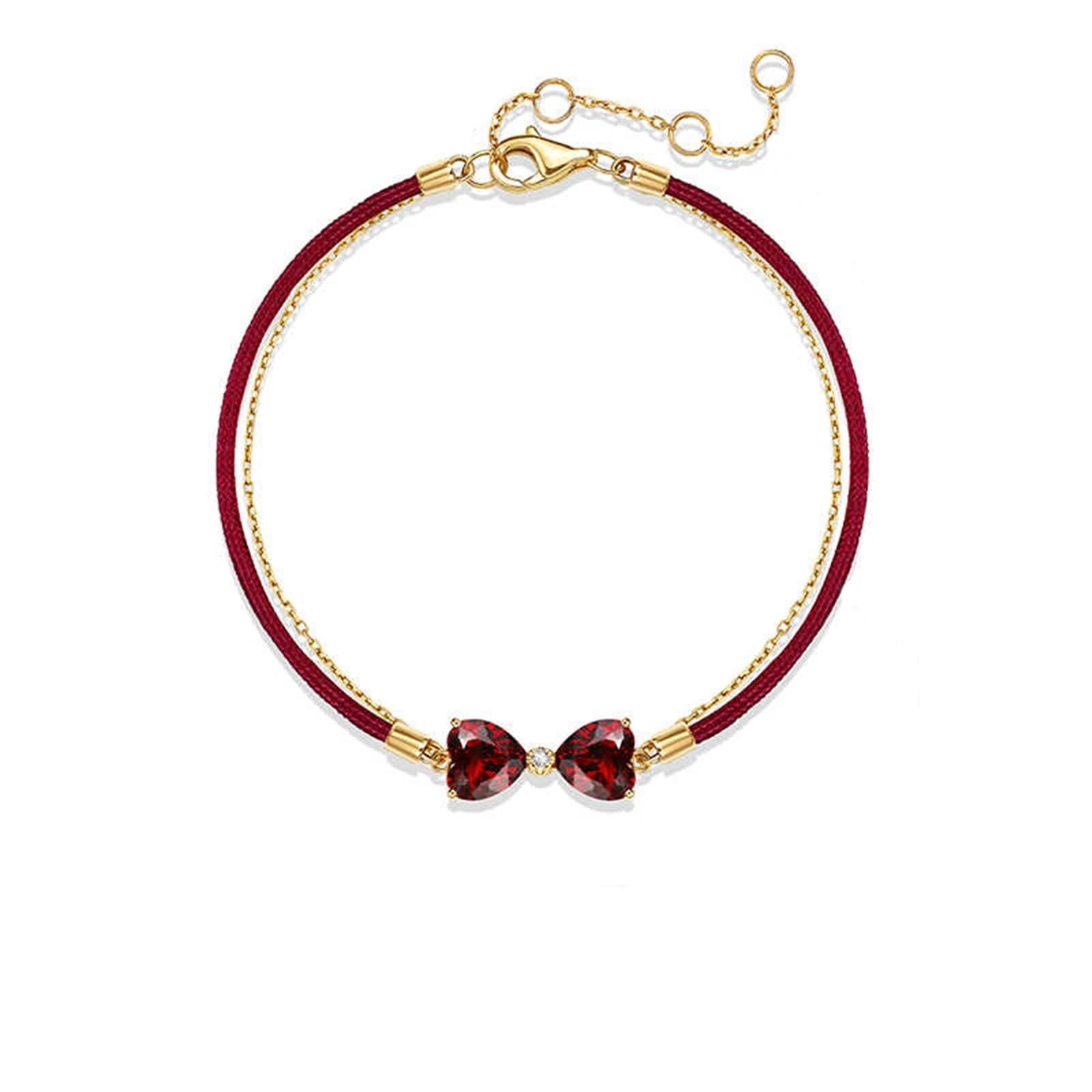Pulseras de oro de 9 quilates para mamá, cuerda doble y cadena con granate y diamante de 2 quilates, pulseras hechas a mano para mujer, 19 + 3 cm