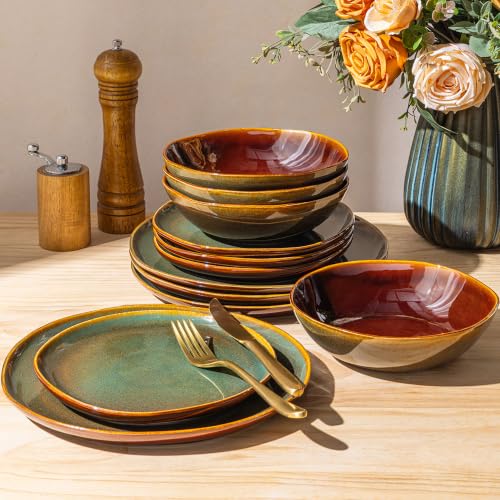 Image of GBHOME Stoneware Dinnerware Sets for 4,12 Piece Rustic Plates and Bowls Set