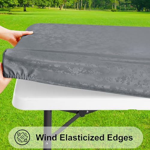 Image of Smiry Heavy Duty Vinyl Fitted Tablecloths for 8 Foot Rectangle Tables | Elastic Waterproof Fitted Tablecloths, Wipeable Washable Table Cover for Kitchen, Dining, Camping (Grey, 30 inch x 96 inch)
