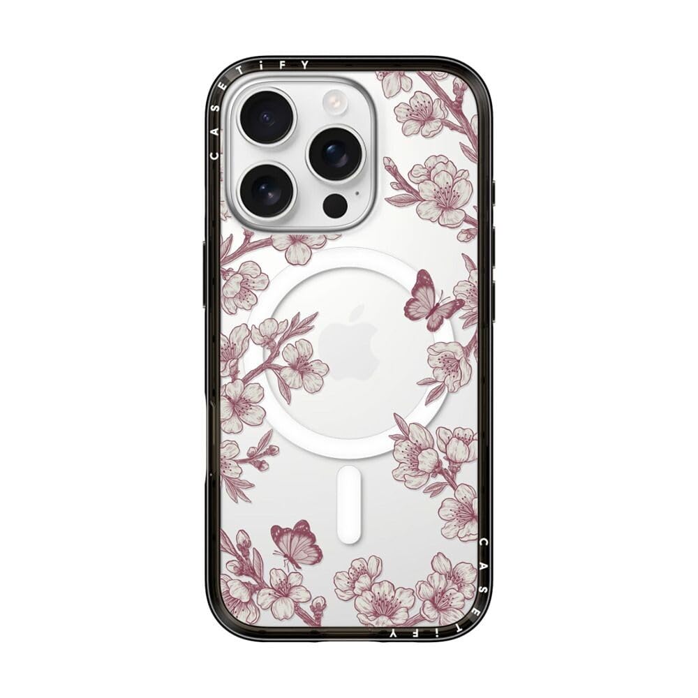 CASETiFY コンパクト iPhone 16 Pro ケース [MagSafe対応/薄型 軽量/耐衝撃] - Pink Sakura Garden - ブラック