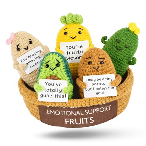 PICKLE BUDDIES 5 peluches de ganchillo de apoyo emocional hechos a mano con mensajes positivos (frutas de apoyo emocional)
