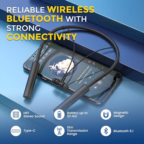 Image of MAK Stylish Bluetooth Neckband Headset with 12mm Dynamic Bass Driver, Magnetic Earbuds, Fast Type-C Charging & All-Day Comfort in Black.