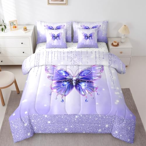 Image of Feelyou Butterfly Comforter Set Twin Size 7 Pieces Dreamy Princess Bedding Set for Kids Boys Girls Glitter Bed in a Bag with Comforter, Sheets, Pillowcases, Cushion Covers Watercolor Butterflies