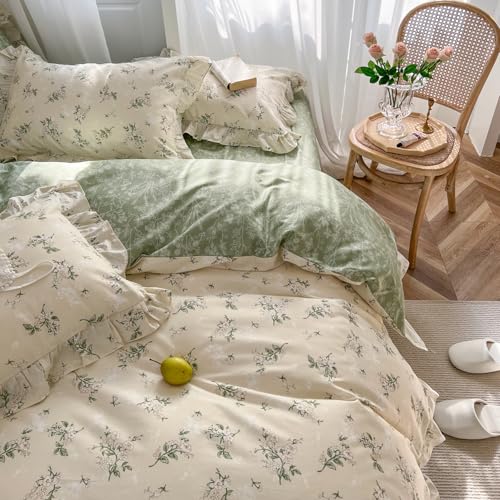 MKXI Botanical Floral Duvet Cover Queen Beige Girls Ruffled Bedding Set Cottagecore Flower Comforter Cover Green Reversible Aesthetic Bed Set Cotton Elegant Style Students Duvet Cover