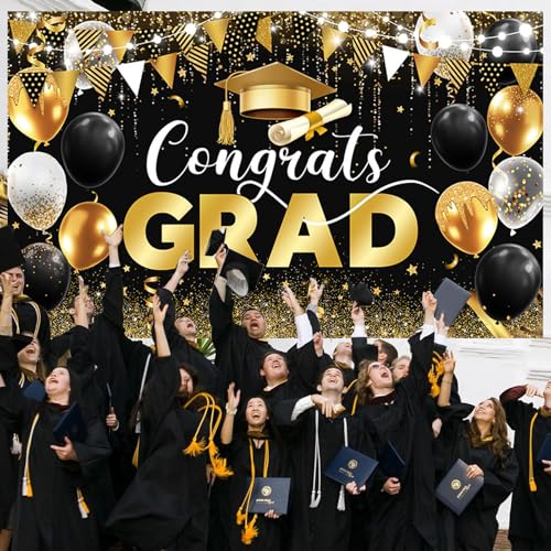 Image of AIBIIN 7x5ft Congrats Grad Backdrop Black Gold Glitter Balloons Congratulations Graduation Party Decorations Background for Photography Graduation Decorations 2025 Party Supplies