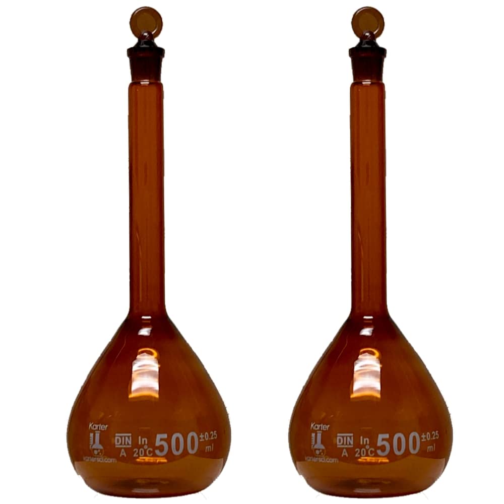 500ml Volumetric Flask, 3.3 Boro Glass, Class A, Ground Stopper, Amber, Karter Scientific (Pack of 2)