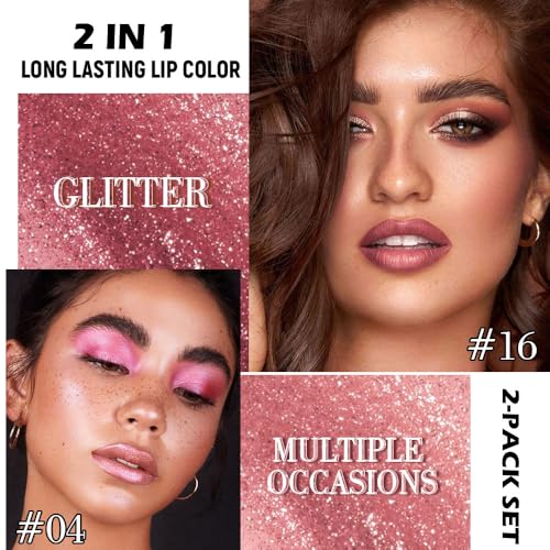 Image of evpct 2Pcs Rose Gold Mauve Metallic Glitter Lip Liner and Lipstick Combo, Shimmery Lip Gloss Stain Set Makeup for Women Long Lasting Waterproof 24, Metallic Shimmer Iridescent Glossy Liquid Lipstick