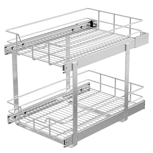 Image of 2 Tier Pull Out Cabinet Organizer 15 inch W X 22 inch D, Chromed, Full Slide Out