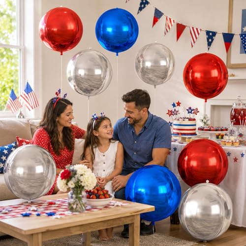 Image of 9 Pcs Red Blue Silver Round Foil Balloons,22 Inch Round Balloons | Red Blue Silver Giant 4D Round Ball Balloons For Patriotic Birthday Graduation Sports Party Decorations