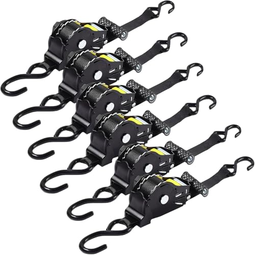 Auto Retractable Ratchet Straps Each 2.5cmX3m Heavy Duty Boasts 1500lbs/680kg Break Strength Featuring Weather Resistant Safety S-Hooks, Tie Down Straps for Cargo Truck Trailer Motorcycle Boat (6pcs)