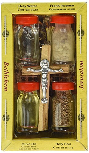 Zuluf Holy Land Set 5 in 1 Olive Wood Cross Set with 4 Bottles - Oil, Jordan Water, Holy Earth and Incense from Jerusalem | Catholic Orthodox Blessing Set from Israel | Religious Israel Gift HLG005