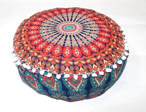 INDIAN CRAFT CASTLE ICC Mandala Barmeri Large Floor Pillow Cover Cushion Meditation Seating Ottoman Throw Cover Hippie Decorative Zipped Bohemian Pouf Ottoman Cases Multi Orange 16