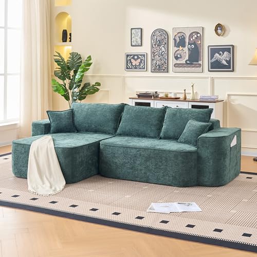 Sofá Rinconera en L con Chenilla, para Salón, Verde, 262x144x65 cm