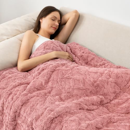 Image of Wemore Weighted Blanket for Adults Twin Size 15 lbs, Dual Sided Soft Fuzzy Jacquard Sherpa Weighted Blankets, Cozy Fluffy Knitted Heavy Blanket, Apricot Pink, 60 x 80 inches