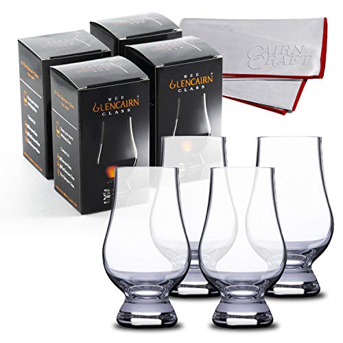 The WEE Glencairn Crystal Whiskey Glass, Miniature Whisky Tasting Glass, Set of 4 with CairnCloth Polishing Cloth