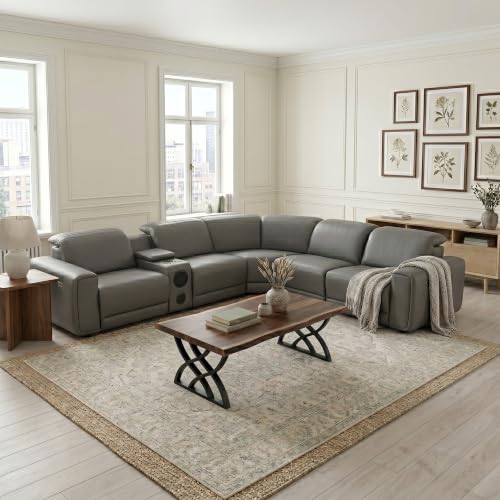Image of Power Recliner Sectional Sofa, L-Shaped Living Room Furniture Set, Reclining Sectional Couch with Storage Console /Cup Holder for Living Room /House /Apt (Grey, 5 Seater)