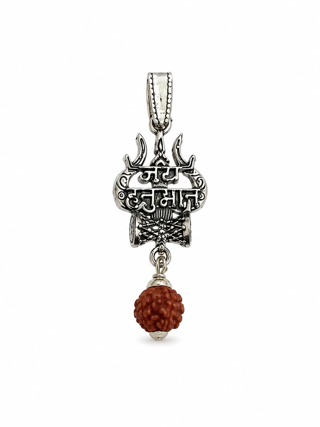 Silver Finish Jai Hanuman Engraved Pendant Necklace | Rudraksha Brown Beads Chain | Trishul Damru Sacred Symbol Locket | Hindu Religious Spiritual Jewelry | Devotional Daily Wear Accessory | Gift for Men Women Boys Girls-image-45