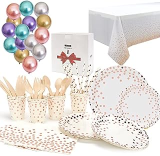 tech LIVING UPGRADED Disposable Party Tableware Set, Pink Birthday Party Supplies, Party Disposable tablecloths, Party Paper Cups, Plates, Straws, Napkins, Cutlery, Balloons (112PCs, 12 Guests)