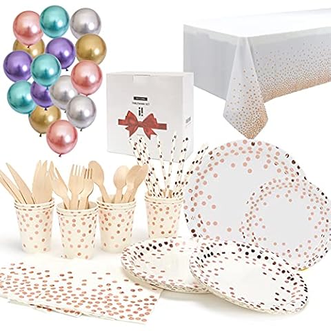 tech LIVING UPGRADED Disposable Party Tableware Set, Rose Gold Polka Dot Party Supplies, Party Disposable tablecloths, Party Paper Cups, Plates, Straws, Napkins, Cutlery, Balloons (112PCs, 12 Guests) Cover