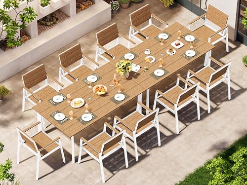 Image of Outdoor Dining Set for 10, Patio Table and Chairs Set with Umbrella Hole, 12 Pieces HDPS + Aluminum Outdoor Furniture Sets for Patio, Garden (White & Teak)