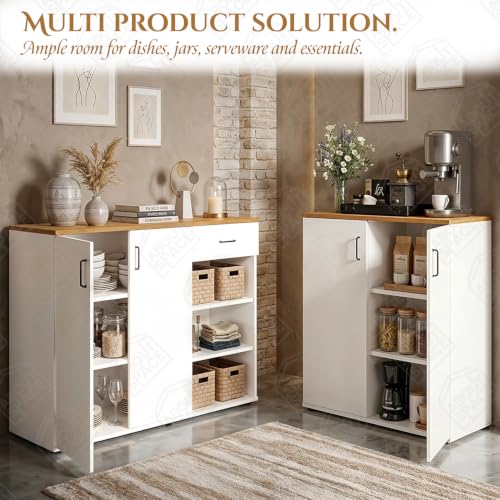 Image of ABOUT SPACE Kitchen Storage Cabinet - 6 ft Long Sideboard with 4 Doors, Drawer & Open Shelves, Adjustable Shelves, Crockery Cabinet & Kitchen Organizer Rack (CM Oak & White Marble- 190x38x91.5 cm)
