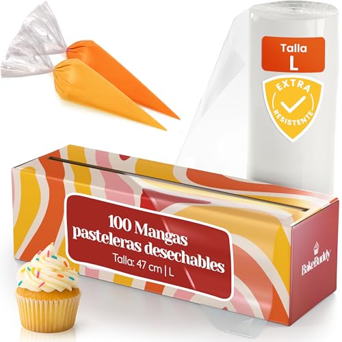 BakeBuddy Mangas Pasteleras Desechables Profesionales (100 Unidades, L/47 cm) - Mangas Pasteleras Extra Resistentes Fabricadas con Material LDPE Reciclado para Decorar Tartas y Hornear Churros
