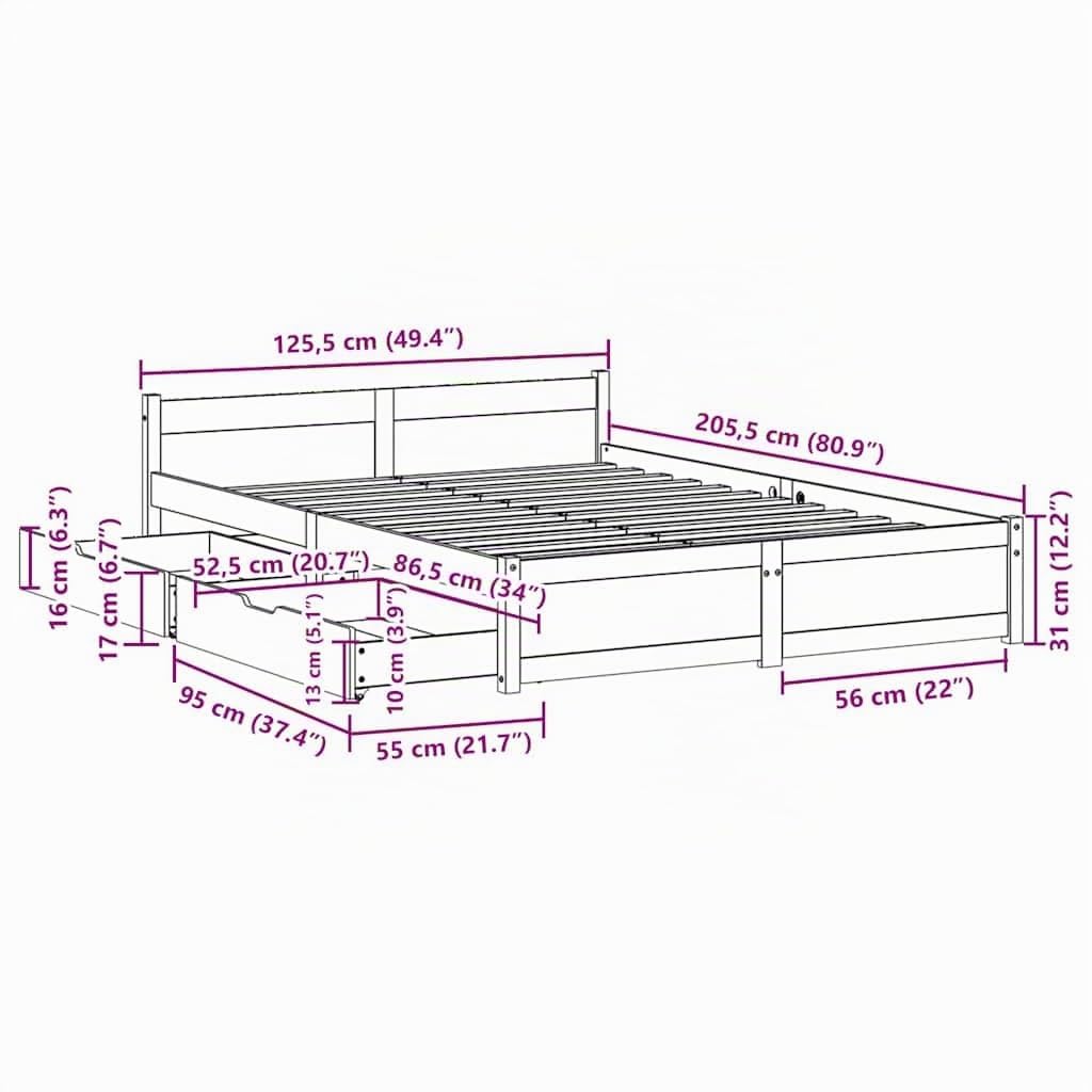 vidaXL Massivholzbett, Holzbett Bett mit Schubladen, Bettgestell Bettrahmen mit Lattenrost, Doppelbett für Schlafzimmer, 120x200cm Kiefer