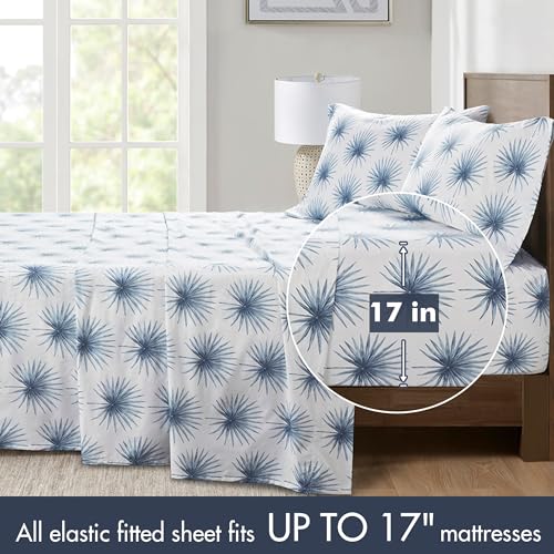 Image of Madison Park 100% Cotton Sheets, King Size, 200TC, Blue Palmetto, 4 Piece