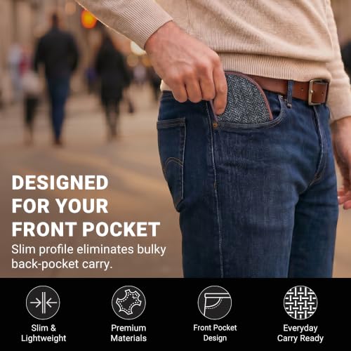 Image of ROGUE WALLET Front Pocket Card Holder for Men - Bedford Tweed & Top Grain Leather Minimalist Billfold - Slim ID Window, Cash Section & Stash Compartment