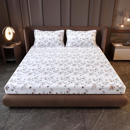 Image of Divine Casa Cotton King Size Bedsheet | 210 TC Soft Breathable Pigment Twill Satin Bed Sheet with 2 Pillow Covers | Luxury Bedding Set | 275 x 275 cm (White & Brown, Floral)