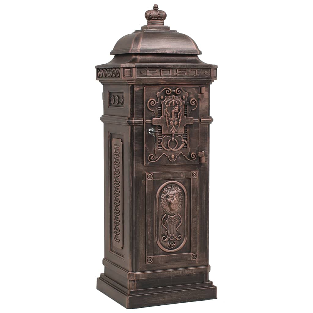 Skrzynka na listy kolumnowa z odlewu aluminiowego, stojąca skrzynka na listy w stylu vintage, nostalgiczna skrzynka na listy z przegródką na gazety i 2 przegródkami, brąz