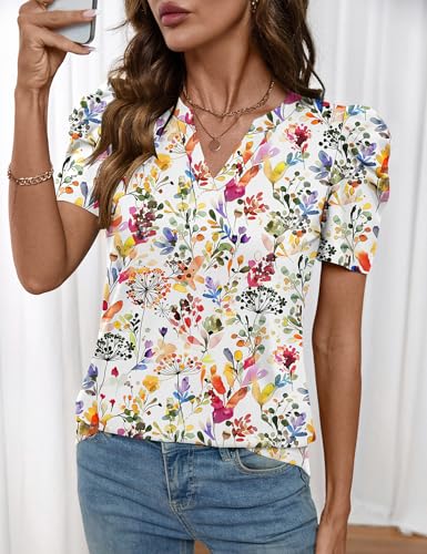 Image of LOMON Spring Summer Tops for Women 2026 V Neck Puff Short Sleeve Tops Fashion Trendy Work Blouses Dressy Casual S-XXL