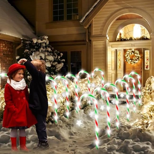 Candy Cane Lights Outdoor Pathway Christmas Decorations, 12 Pack Green Red White Solar Pathway Lights with 8 Modes Waterproof Timer for Christmas Outsides Walkway Porch Lawn Garden Yard Decoration