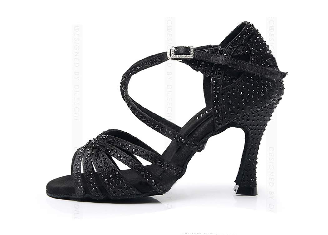 MGM-Joymod Sandalias de baile moderno latino con correa cruzada para mujer, con diamantes de imitación de tango social, bailes, Tacón marrón de 9 cm. — view 2