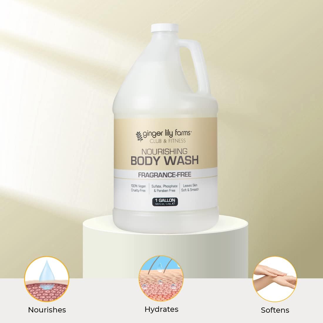 Ginger Lily Farms Club & Fitness Nourishing Body Wash, 100% Vegan & Cruelty-Free, Bath & Shower Gel for Men and Women, Fragrance Free, 1 Gallon (Pack of 4)