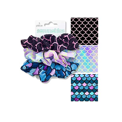 Image of Spoontiques Hair Scrunchies Adorable Accessories for Women's Hair Girls Colorful Soft Hair Ties Ponytail Holder Print, Mermaid, (Pack of 3), One Size (19954)