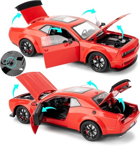 Image of 1 /24 Dodge Challenger Hellcat Model Car, Zinc Alloy Pull Back Toy car with Sound and Light for Kids Boy Girl Gift (Red)