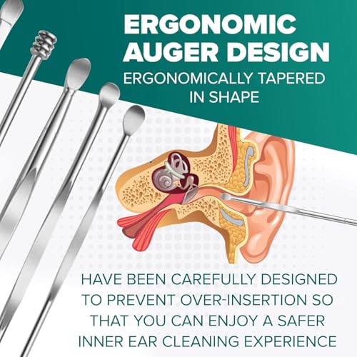Image of Bennort 6 in 1 Ear Wax Removal and Cleaner Kit - Resuable Ear Pick Cleaning Tool with Storage Box,Stainless Steel Ear Pick Scoop,Spring,Spiral & Cleaning Brush,Ear Curette Kit for Adult & Kids, Silver