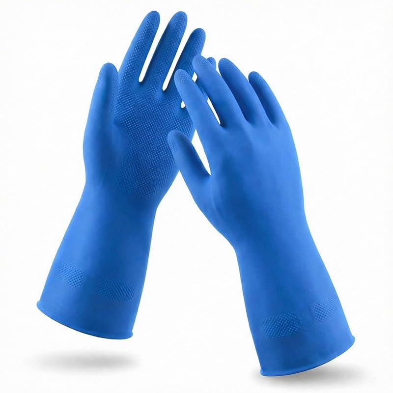 Image of LADWA Premium Rubber Cleaning Gloves, Blue Color Reusable Waterproof Gloves for Kitchen Cleaning, Dishwashing, Laundry and Gardening Use (Pack of 10 Pairs Value Pack)