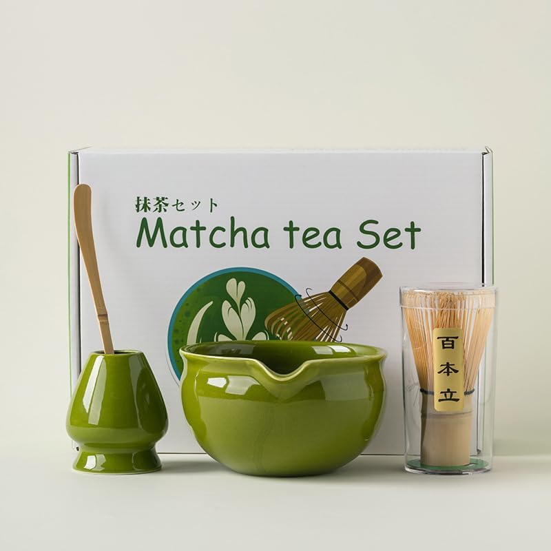Matcha Green Japanese Matcha Tea Set of 7 Ceremony Matcha Kit with Matcha Bowl(Chawan)with Pouring Spout,Matcha Whisk (Chasen),Scoop (Chashaku),Ceramic Whisk Holder,Scoop Stand,Sifter,Tea Napkin AM010