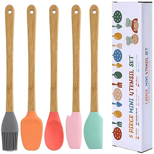 Silicone Spatula, Set of 6 with Storage Clasp, Mini Spatula, with Bamboo Handles Multi-Color High Temperature Resistant Baking Spatula for Baking, Mixing, Cooking Non Toxic
