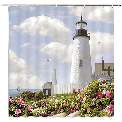 Lighthouse Shower Curtain Pink Flower Butterfly Green Leaves Meadow Tropical Ocean Spring Floral Cloudy Sky Nature Scenic Decor Fabric Bathroom Curtains,Polyester with Hooks 70x70 Inch Cover