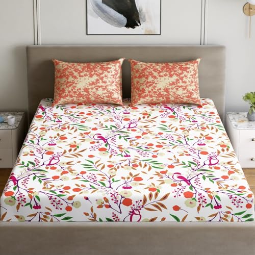 Image of Dreamscape 100% Cotton Bedsheet for Double Bed, 186 TC, 1 Bed Sheet (Size 87 x 94 inches) with 2 Pillow Covers - Orange