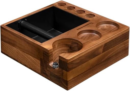 MOJAE 9-in-1 Espresso Knock Box and Espresso Tamper Station,Fits for 51-58mm Portafilter,Tamper and Distributor,Espresso Machine Accessories Organizer Walnut