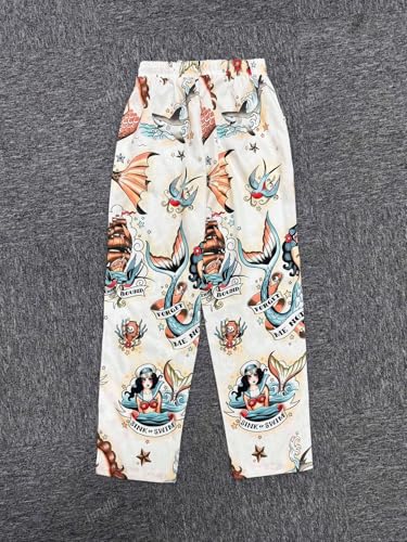 Women's Wide Leg Casual Pants Elegant Vintage Floral Print Drawstrings Elastic Waist Trousers with Pockets2