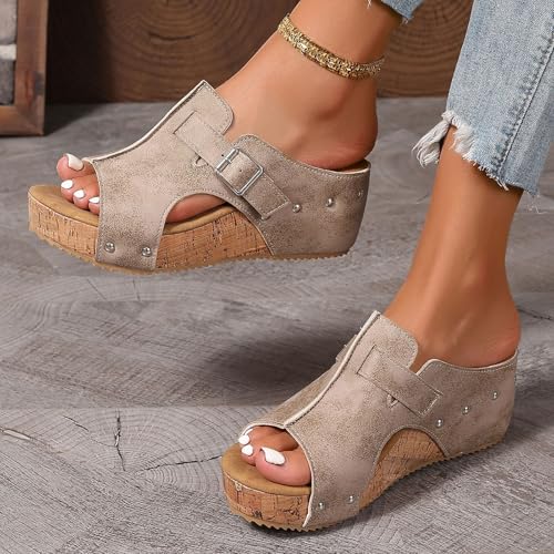 Women\'s Platform Wedge Sandals, Cork Wedges Heels Slip on Platform Slides Sandals Comfortable Open Toe Casual & Dressy Summer Beach Shoes (c-Khaki, 8)