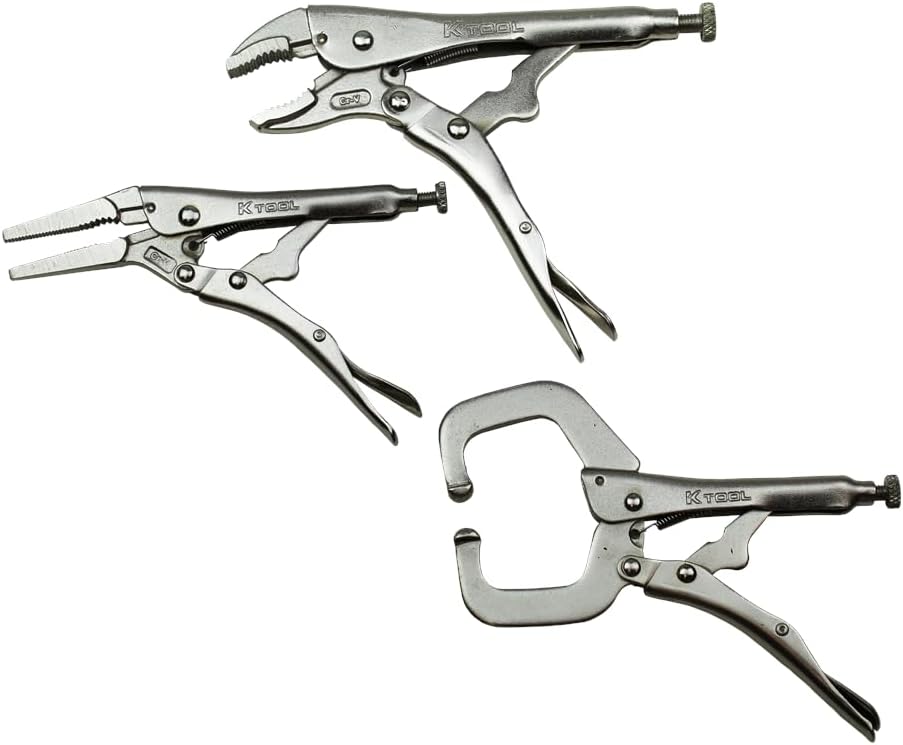 K Tool International 58730 Automotive Vice Grip Locking Straight, Curved Jaw, Needle Nose Plier Set for Garages, Repair Shops, and DIY, Heat Treated Nickel Plated Steel, Organizing Tray, 10 Piece