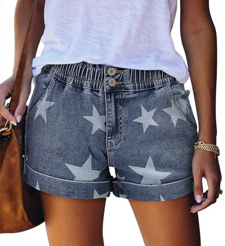SANMM American Star Print Denim Shorts Women Casual Plus Size Stretchy Folded Hem Dress Jean Shorts High Waisted for Summer(Blue XL)