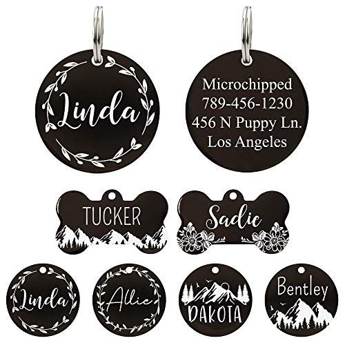 UltraJoys Stainless Steel Pet ID Tag Dog Name Tags Personalized Front and Back Engraving, Customized Dog Tags and Cat Tags, Optional Engraved on Both Sides, Round Tag with Vine Design, Small Black